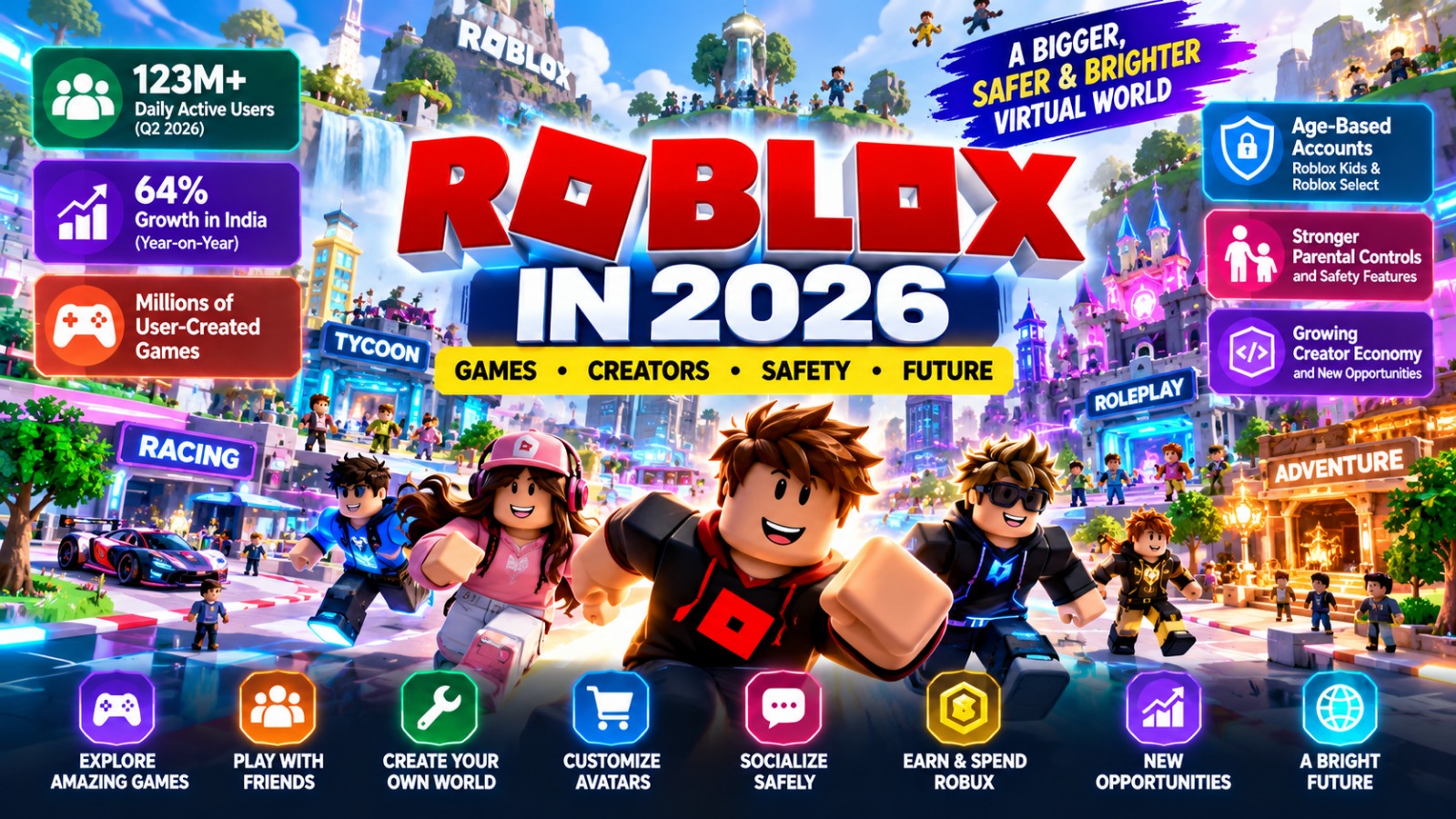 Colorful collage of Roblox game experiences including obstacle courses, role-playing adventures, and racing games with custom avatars